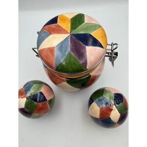 Tabletops Unlimited Carnival Ceramic‎ Canister and Salt Pepper Shakers Set 3pc